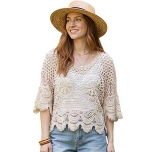Crochet Knit Top Women One Size Cream Cotton Boho Floral Scalloped Bell Sleeve